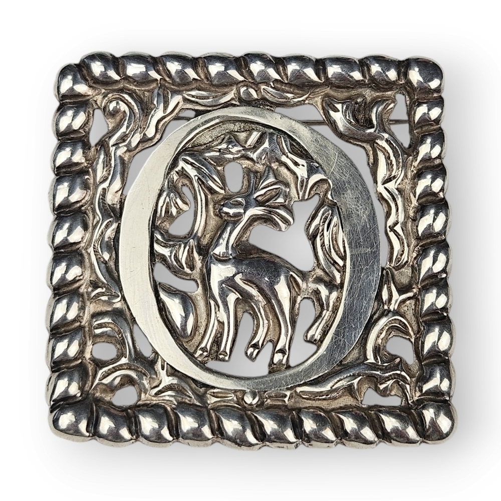 Vintage Sterling Deer Buck Brooch Mexico Mexican Floral Rope 925 Silver 1930s 2"